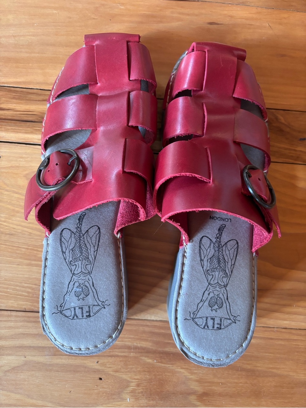 Fly London Red Woven Leather Slide Sandals
